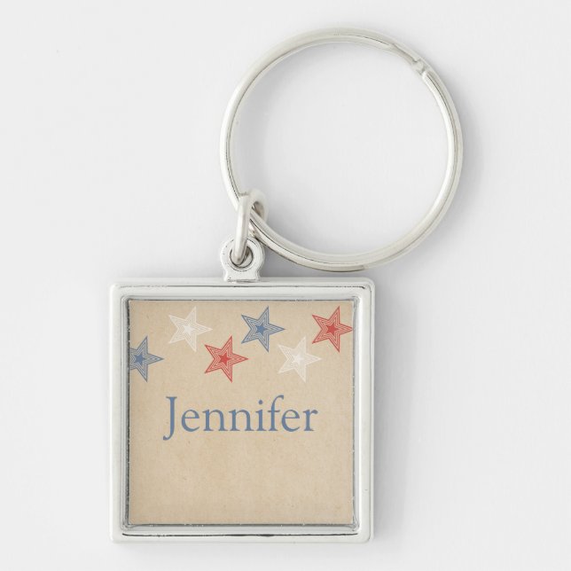 Patriotic Stars Keychain Fyrkantig Silverfärgad Nyckelring (Framsidan)