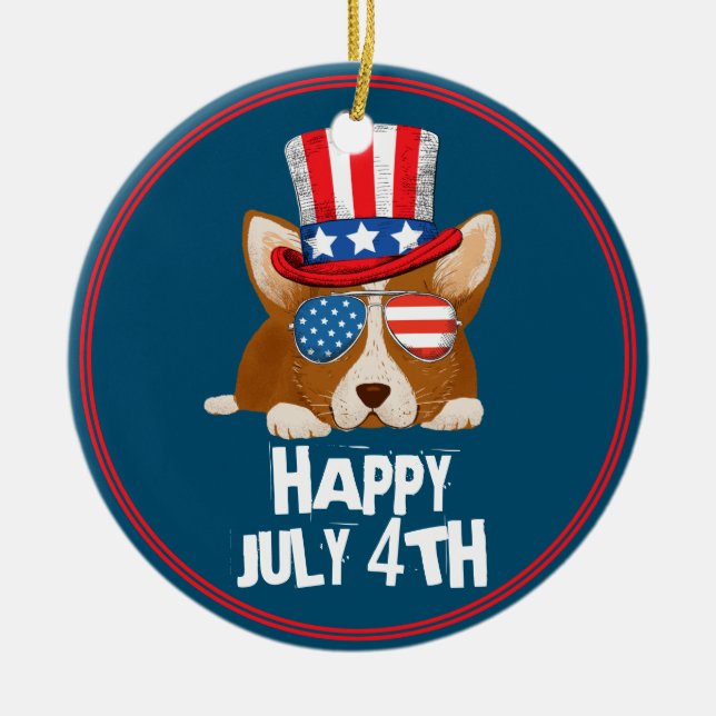 Patriotic Stars och stripes Hat och Glass Corgi Julgransprydnad Keramik (Framsidan)