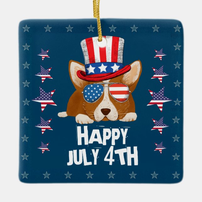 Patriotic Stars och stripes Hat och Glass Corgi Julgransprydnad Keramik (Framsida)