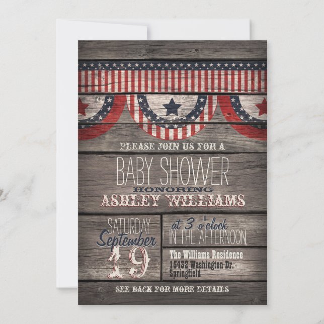 Patriotic Stars & Rand, Rustic Wood Baby Shower Inbjudningar (Framsida)