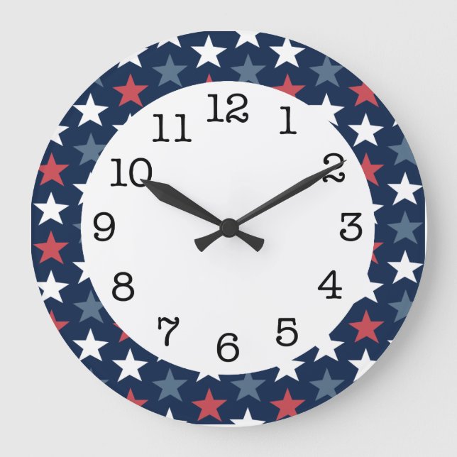Patriotic Stars Red White & Blue Round Wall Clock Stor Klocka (Framsida)