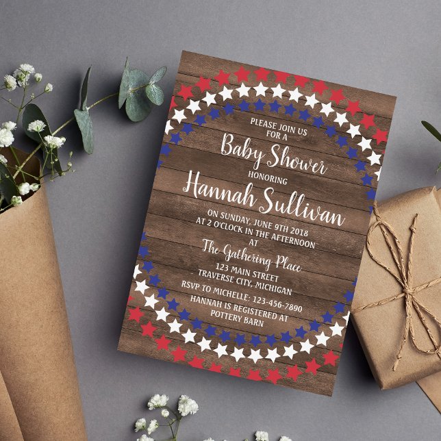 Patriotic Stars Rustic 4:e juli Baby Shower Inbjudningar (Skapare uppladdad)