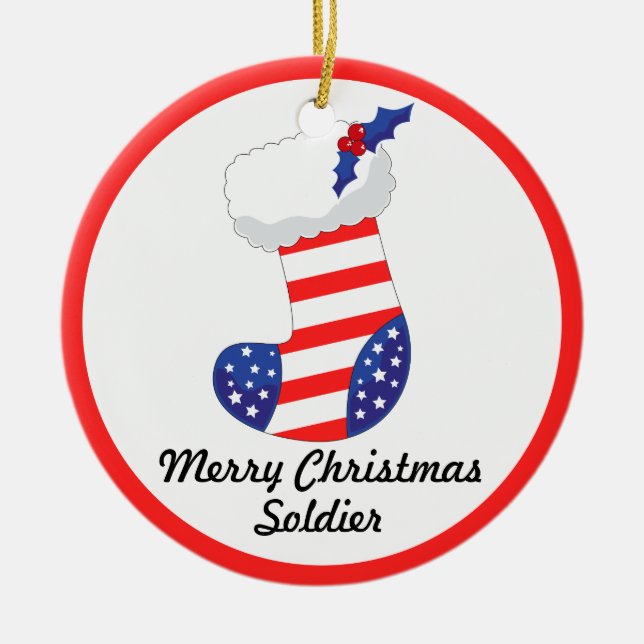 Patriotic Stocking - God jul Soldier Julgransprydnad Keramik (Framsidan)