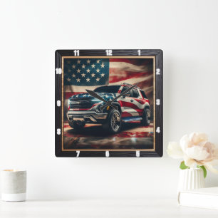 Patriotic SUV American Flagga Fyrkantig Klocka