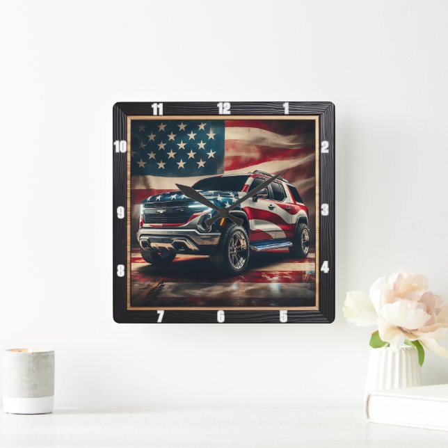 Patriotic SUV American Flagga Fyrkantig Klocka (Hem)