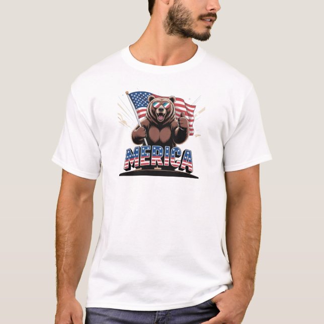 Patriotic Thumbs Up Bear T-Shirt - Roligt American (Framsida)