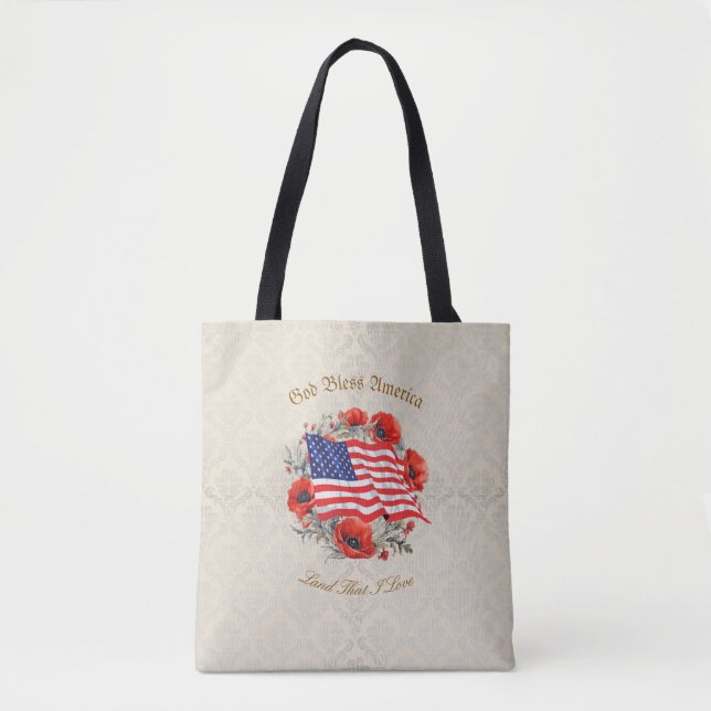 Patriotic Tote Bag Välsigna dig America Flagga Pop Tygkasse (Framsida)