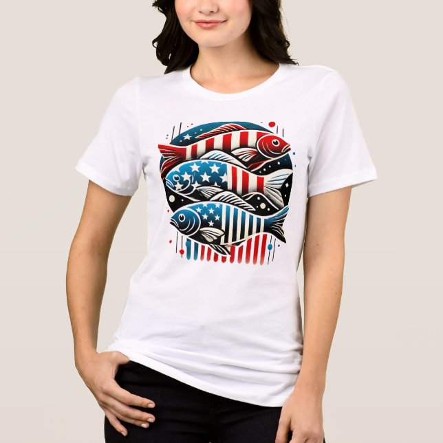 Patriotic Trio of Fish - Red, White & Blue Art Pri T Shirt (Framsida)