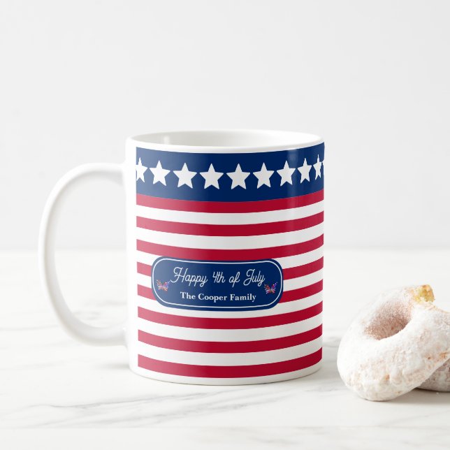 Patriotic U.S. Flagga Lycklig 4:e juli Familj Namn Kaffemugg (Med munk)