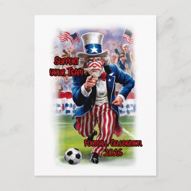 Patriotic Uncle Sam playing Soccer on a Helg Vykort (Framsida)