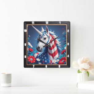 Patriotic Unicorn Stars Rand Blommigt Fyrkantig Klocka