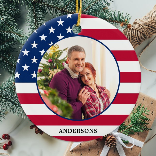 Patriotic USA American Flagga Personlig Photo Julgransprydnad Keramik (Skapare uppladdad)