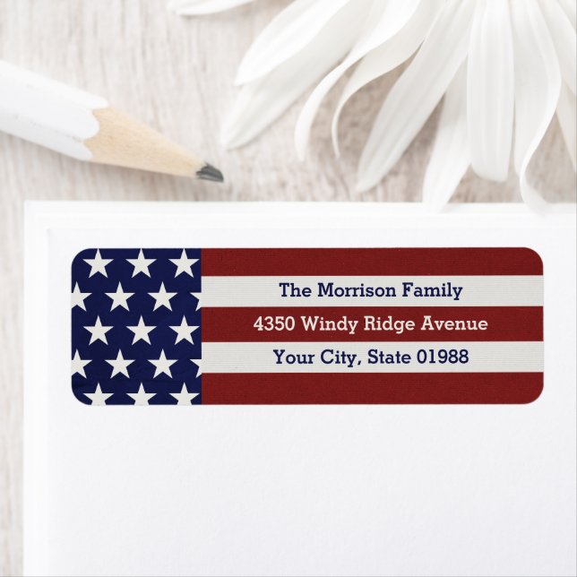Patriotic USA American Flagga Stars & Rand Returadress Etikett (Insitu)
