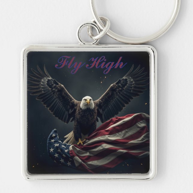 Patriotic USA flagga Eagle Fyrkantig Silverfärgad Nyckelring (Framsidan)