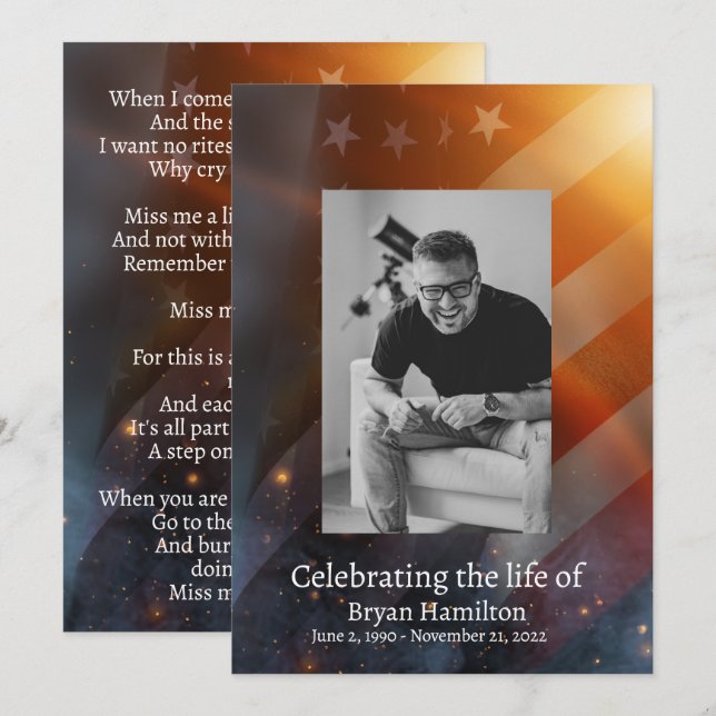 Patriotic USA flagga Memorial Funeral Prayer Card Inbjudningar (Fram/baksida)