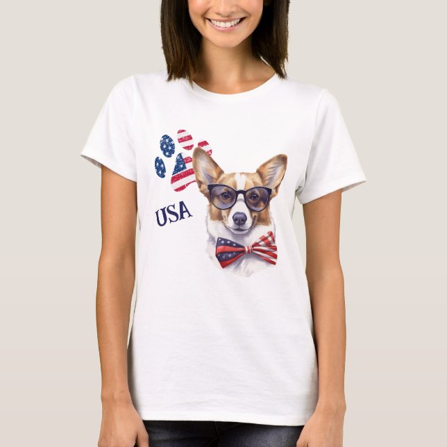 Patriotic USA flagga Paw Print Corgi Hund T Shirt (Framsida)