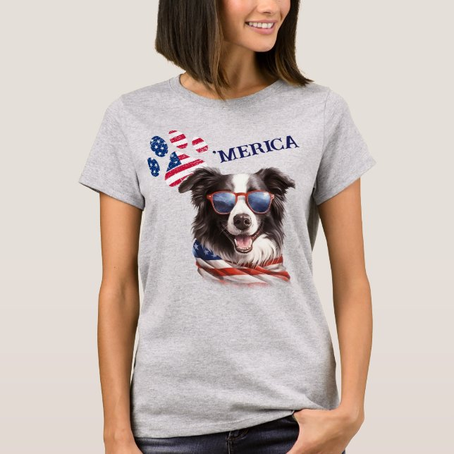 Patriotic USA flagga Paw Skriv ut Gräns Collie Hun T Shirt (Framsida)