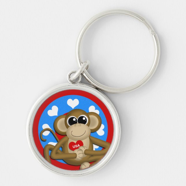 Patriotic USA Monkey Premium Keychain Rund Silverfärgad Nyckelring (Framsidan)