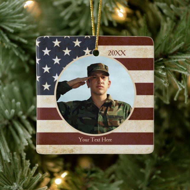 Patriotic Vintage American Flagga, One Photo Julgransprydnad Keramik (Träd)