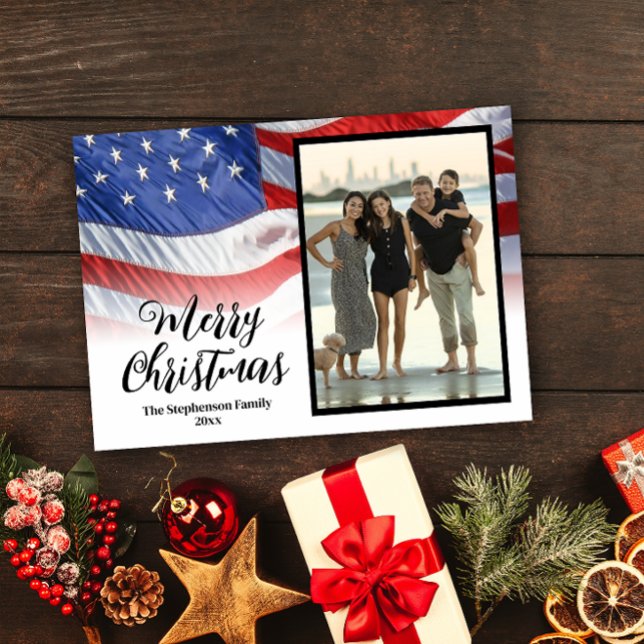 Patriotic Wave American Flagga-julfoto Julkort (patriotic american flag merry christmas photo card)
