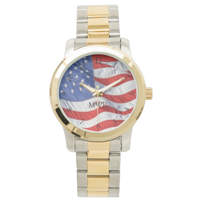 Patriotic Wave American Flagga Monogrammed Gift Armbandsur (Framsida)
