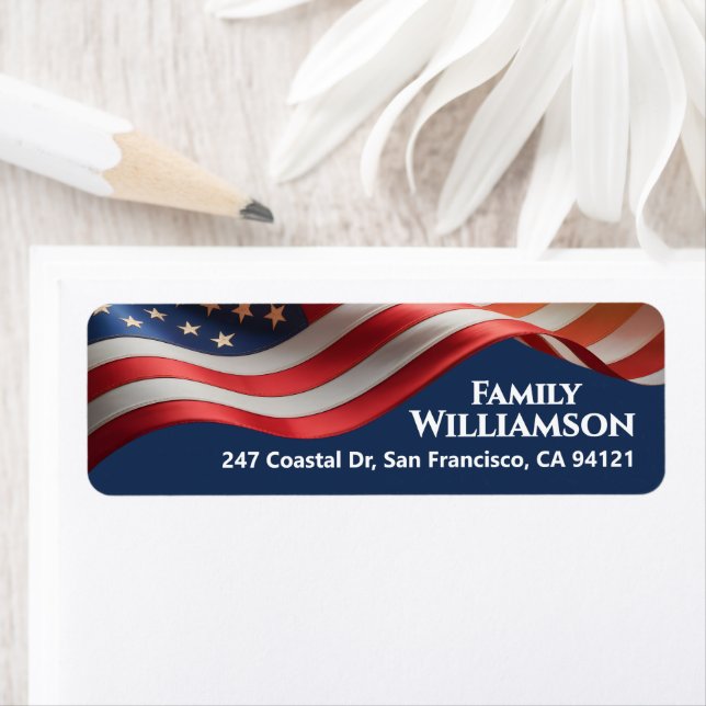 Patriotic Waving Flag Navy Family Address Design Returadress Etikett (Insitu)