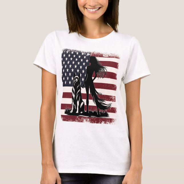 Patriotic Woman & German Shepherd United Spirit T Shirt (Framsida)