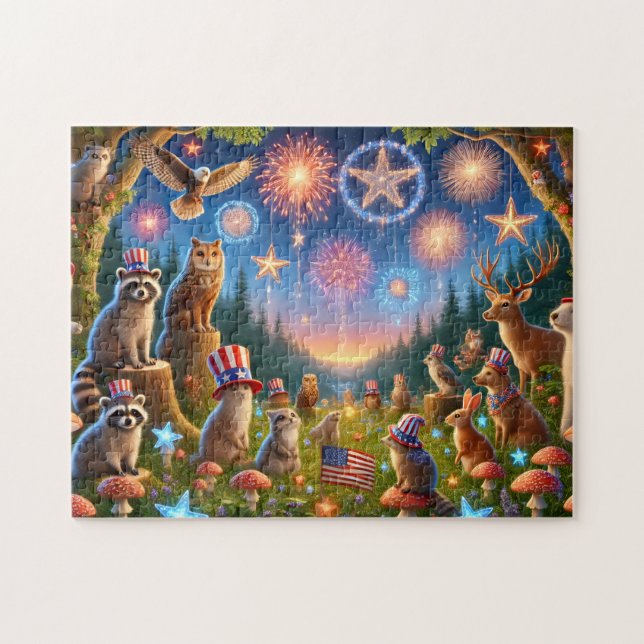 Patriotic Woodland Animals 4th of July Fireworks Pussel (Horisontell)