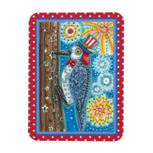 PATRIOTIC WOODPECKER FIREWORKS, 4:E JULY BIRD MAGNET