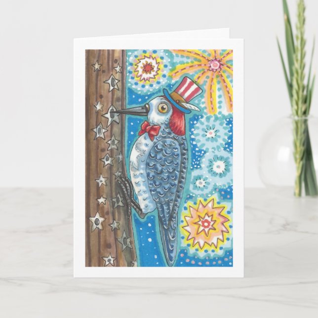 PATRIOTIC WOODPECKER FIREWORKS GREETING Card Blnk Kort (Framsida)