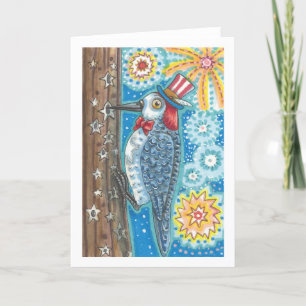 PATRIOTIC WOODPECKER FIREWORKS GREETING Card Blnk Kort