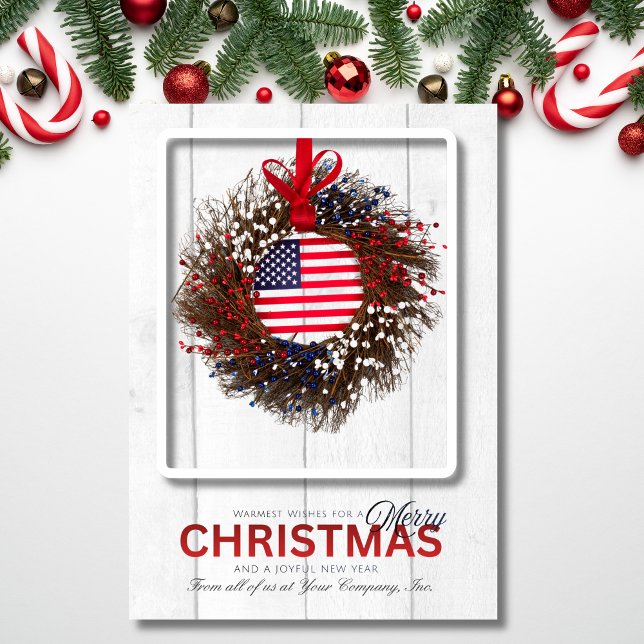 Patriotic Wreath Merry Christmas Wishes Helgkort (A festive patriotic wreath design sharing warm Christmas wishes from your company.)