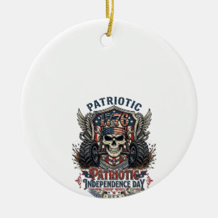Patriotisk 1776 Off Road Skalle Monster Truck Tung Julgransprydnad Keramik