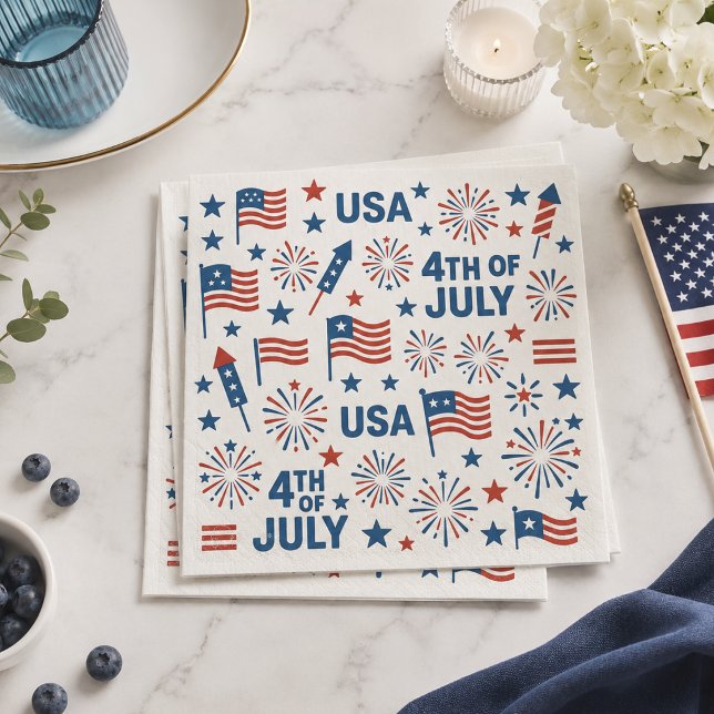 Patriotisk 4:e juli 🇺🇸 | Fyrverkerier, Stjärnor  Pappersservett (Skapare uppladdad)
