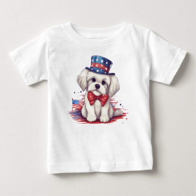 Patriotisk 4:e juli Vit söt hund-43568 T Shirt (Framsida)