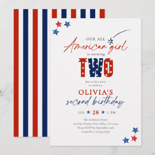 Patriotisk 4 juli All American-flicka 2-årsdag Inbjudningar