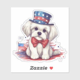 Patriotisk 4 juli vit söt valp hund-43568 klistermärken