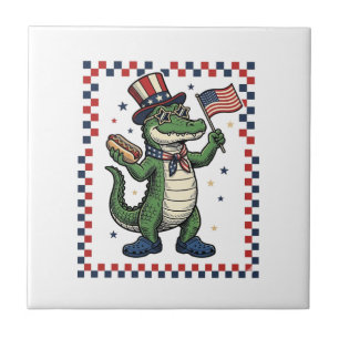 Patriotisk Alligator Hot Dog Flag Vintage T-Shirt  Kakelplatta