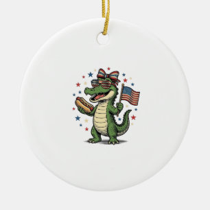 Patriotisk Alligator Hot Dog Vintage Vector Tröja  Julgransprydnad Keramik