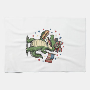 Patriotisk Alligator Hot Dog Vintage Vector Tröja Kökshandduk