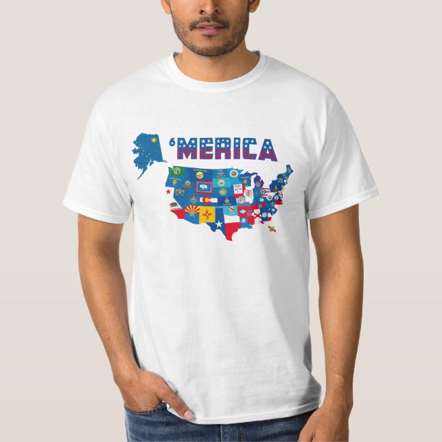 Patriotisk Amerika karta med staterflaggorT-tröja Tee Shirt (Framsida)