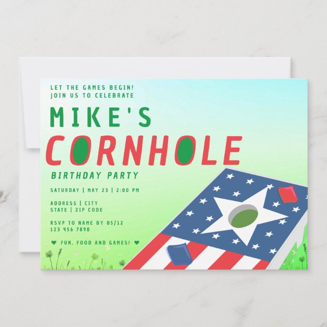 Patriotisk amerikansk Bean Bag Sack Toss Cornhole- Inbjudningar (Framsida)