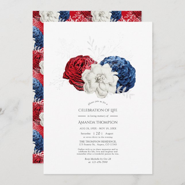 Patriotisk amerikansk blomsterfirande av livet inbjudningar (Fram/baksida)