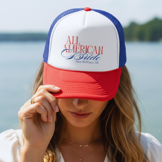 Patriotisk amerikansk brud möhippa keps (Luxury Script All American Bride Bachelorette Trucker Hat)
