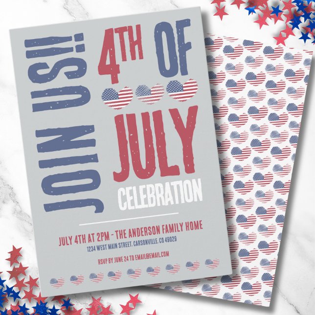 Patriotisk amerikansk flagg 4:e juli-fest inbjudningar (Cute Rustic Heart American Flag 4th Of July Party Invitation)