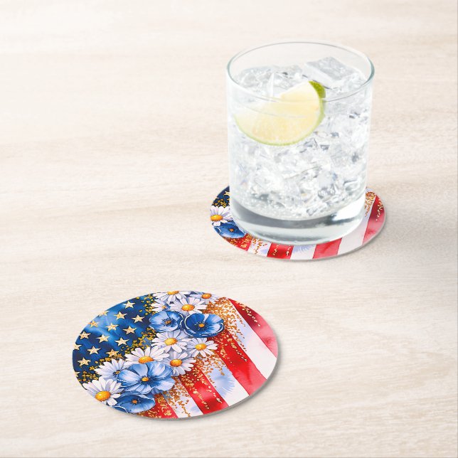Patriotisk amerikansk flagg blomster glitter underlägg papper rund (Insitu)
