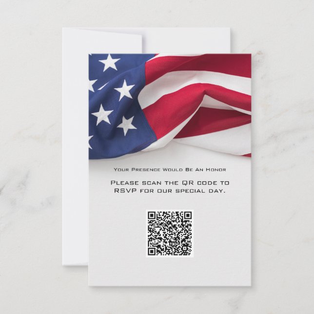 PATRIOTISK Amerikansk Flagg Bröllops QR-kod Svarsk OSA Kort (Framsida)
