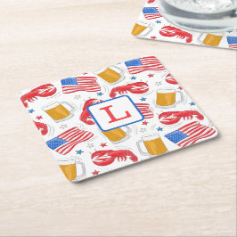 Patriotisk amerikansk flagg hummer öl monogram underlägg papper kvadrat