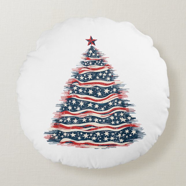 Patriotisk amerikansk flagg julgran rund kudde (Framsidan)