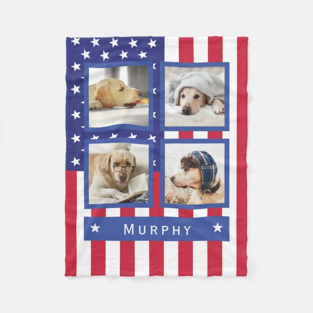 Patriotisk amerikansk Flagga 4 Photo Monogram Hund Fleecefilt (Framsidan)